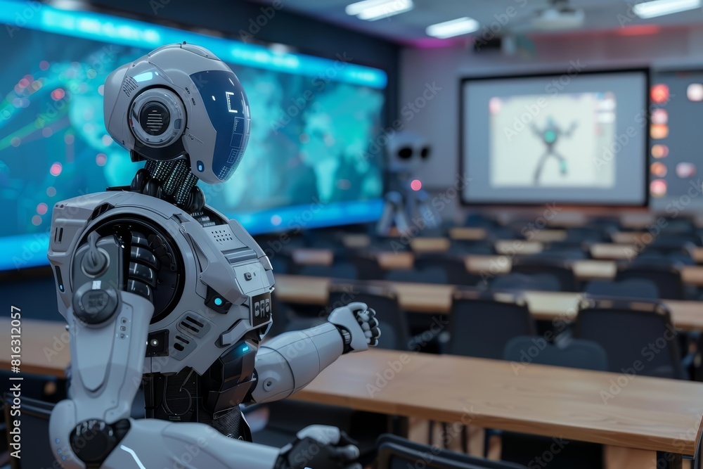A robot teacher in a futuristic classroom displays 3D historical events, allowing students to watch history unfold around them, suitable for an educational technology banner A robot teacher in a futuristic classroom displays 3D historical events, allowing students to watch history unfold around them, suitable for an educational technology banner