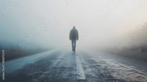 Man walking alone on misty road : Generative AI photo