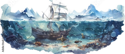 A watercolor of a deepsea diving expedition discovering a sunken pirate ship, Clipart isolated on white photo