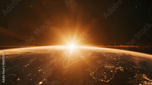 Planet Earth dawn sunset from space Silhouette planet earth in rays of sun against background of space stars and galaxies 3D render   Generative AI