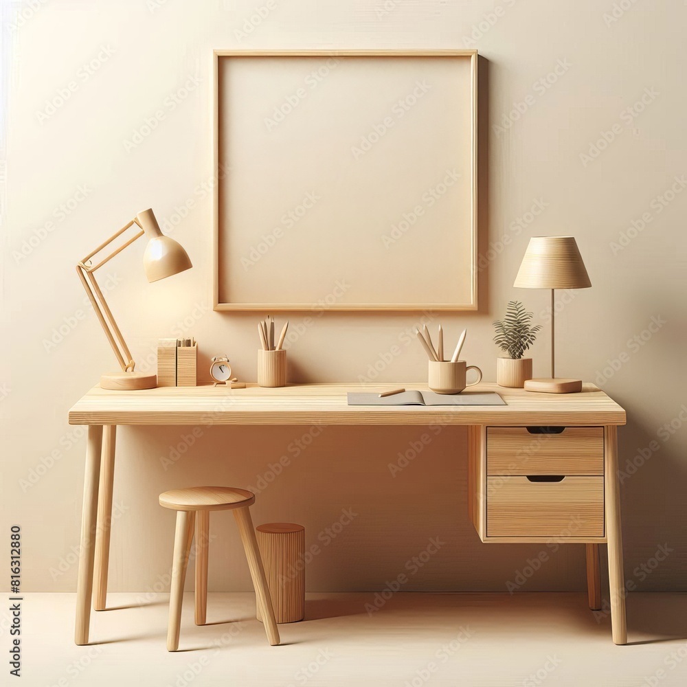 Fototapeta premium Minimalist desk made of natural wood with a smooth finish. Include minimal accessories like a simple desk lamp, a small plant, and a few neatly arranged office supplies.
