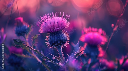 Close up image of a blooming purple and pink spear thistle Cirsium vulgare