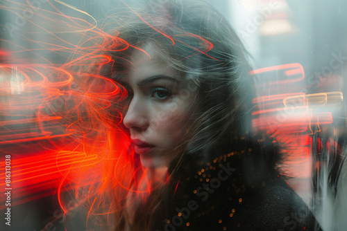 (Photo Concept). A blurry photo of a woman with long hair walking in the street, people around her moving fast, with blurry motion blur. She is depression, lost and sad, double exposure photography.