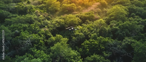 A wildlife conservation group uses drone technology to monitor endangered species in hardtoreach areas  ideal for a conservation technology banner with copy space