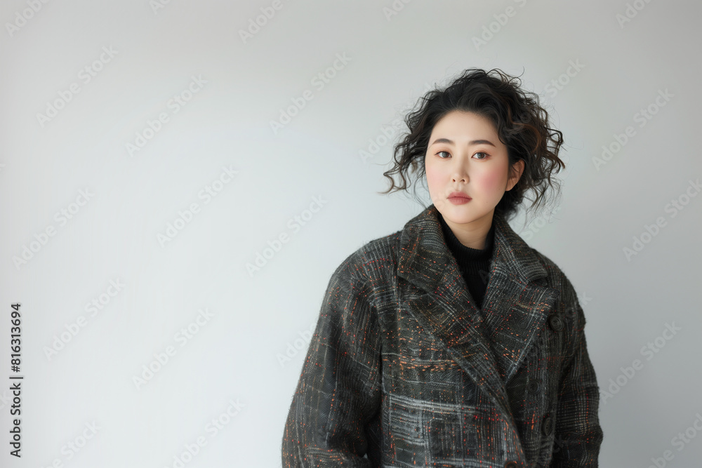 Portrait of a chubby Asian woman in a jacket, showcasing a modern yet timeless style. Portrait of a chubby Asian woman in a jacket, showcasing a modern yet timeless style.