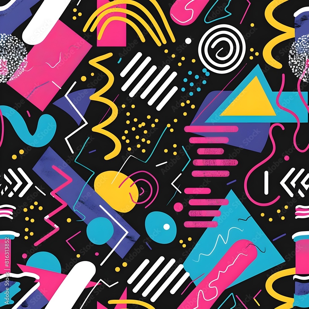 Background illustration, Seamless geometric pattern in retro 90’s style. Background 90s style with typical colors and shapes Background illustration, Seamless geometric pattern in retro 90’s style. Background 90s style with typical colors and shapes