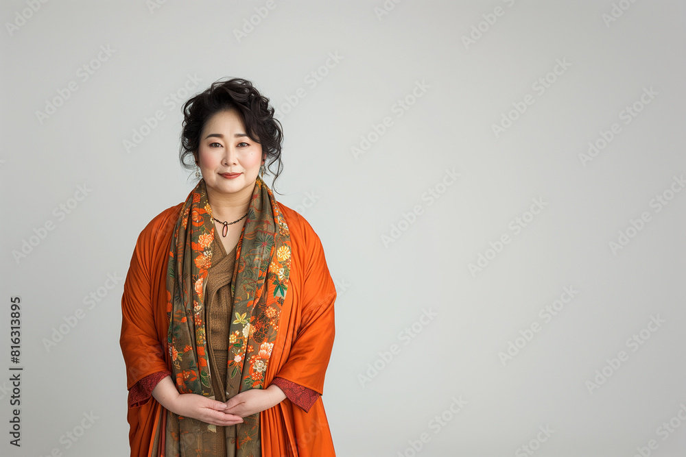 Portrait of a mature Asian woman, dressed in a vibrant orange silk scarf and detailed blouse, against a soft gray background. Portrait of a mature Asian woman, dressed in a vibrant orange silk scarf and detailed blouse, against a soft gray background.