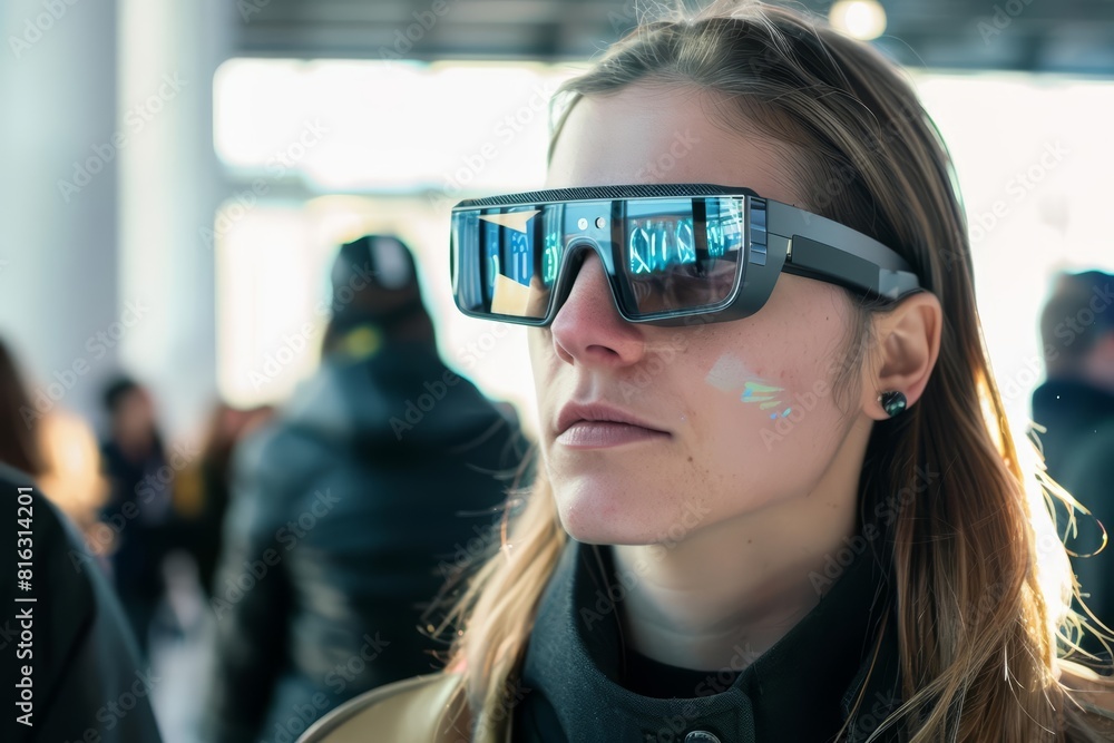 At an innovation fair, startups demonstrate wearable tech that monitors health and enhances connectivity, ideal for a wearable technology banner At an innovation fair, startups demonstrate wearable tech that monitors health and enhances connectivity, ideal for a wearable technology banner