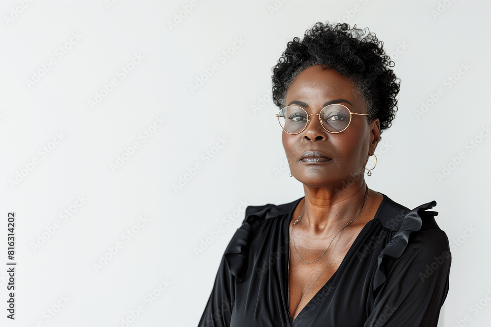 Portrait of an elegant mature African woman, wearing sophisticated black attire and stylish round glasses, exuding wisdom and grace. Portrait of an elegant mature African woman, wearing sophisticated black attire and stylish round glasses, exuding wisdom and grace.