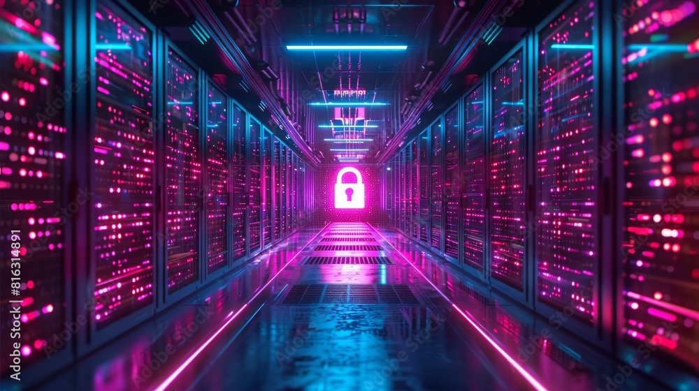 3D rendering of Futuristic Key symbol with glowing padlock icon on background of binary code in data center room. 3D rendering of Futuristic Key symbol with glowing padlock icon on background of binary code in data center room.