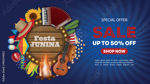 festa junina sale banner with wooden signboard, wicker hat, colorful pennants and lanterns