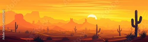 A vast  arid desert landscape with towering cacti and a blazing sun setting over the horizon.