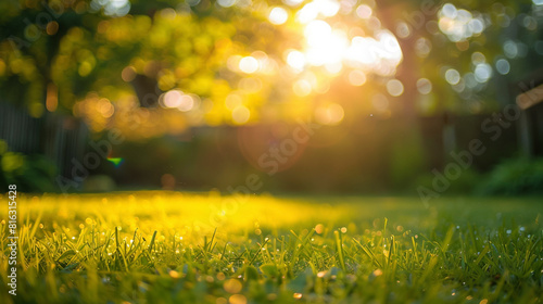 Sunlit Backyard Oasis, Lush Greenery with warm sunshine and bokeh