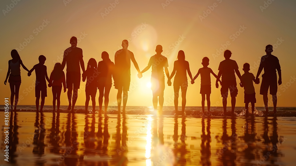 Fototapeta premium Silhouette beach and big family holding hands in sunset on a holiday or vacation at sea or ocean together Travel love or shadow of people at sunrise in support freedom and bonding by w : Generative AI