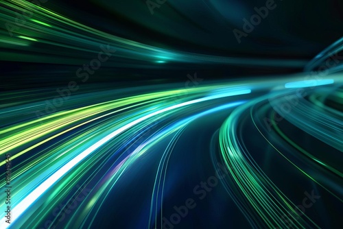 futuristic glowing blue and green abstract speed lines on black background digital art