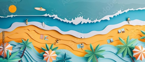 Paper art style of a vibrant beach scene featuring sunbathers and surfers, capturing a summer vibe in retro color tones