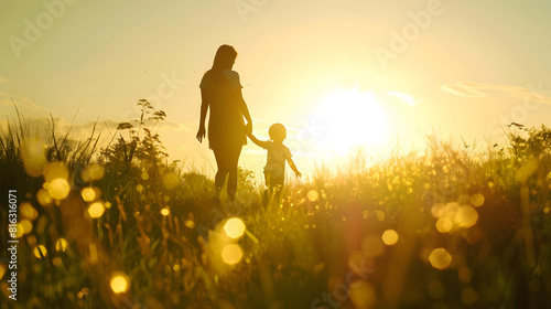 Silhouettes of mamma holding hand of daughter and talking about childhood while walking with child in sunlit field Silhouettes of mamma with daughter sharing secrets at setting sun in : Generative AI
