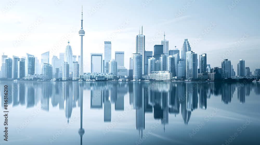 Obraz premium Blue tone panorama of waterfront city skyline with reflection Image composite : Generative AI