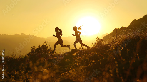 Running people over rough terrain two girls train outdoors in a beautiful mountain landscape at sunset silhouette of two girls during a hike in the mountains   Generative AI