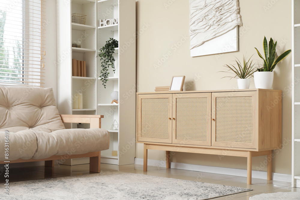 © Pixel-Shot - Wooden chest of drawers, shelving unit and comfortable sofa in interior of modern living room