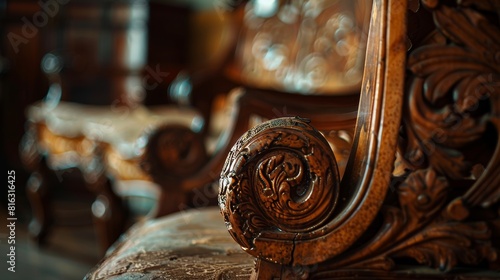 Ornate Carved Wooden Armchair Detail photo