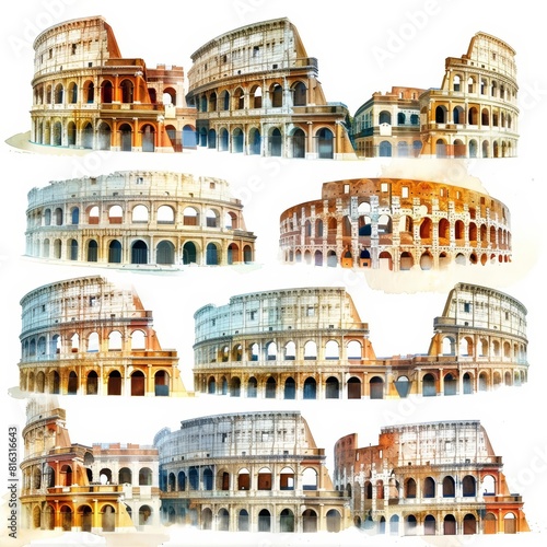 Set of watercolors depicting a timeline of ancient Roman architecture, from villas to coliseums, Clipart isolated on white