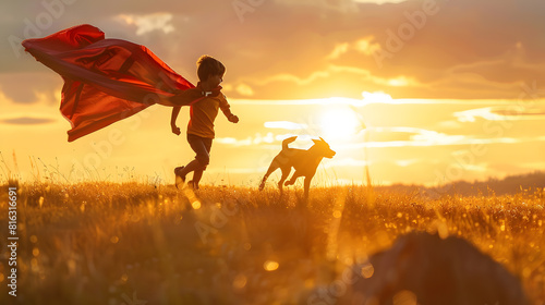 superhero and dog little boy running across the field in a superhero costume with a red cape silhouette at sunset happy family kid concept baby superhero little boy in sunset dream run : Generative AI