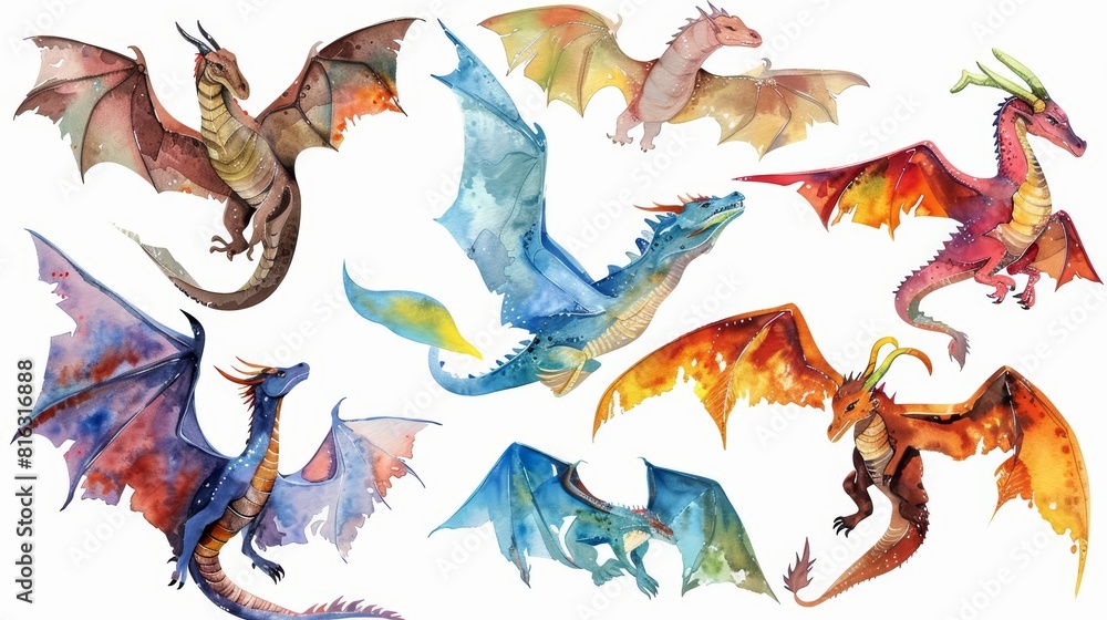 Obraz premium Set of watercolors illustrating various mythical dragons from around the world in flight, Clipart isolated on white