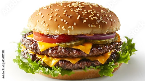 Photograph of a juicy cheeseburger with lettuce  tomato  and pickles on a white background