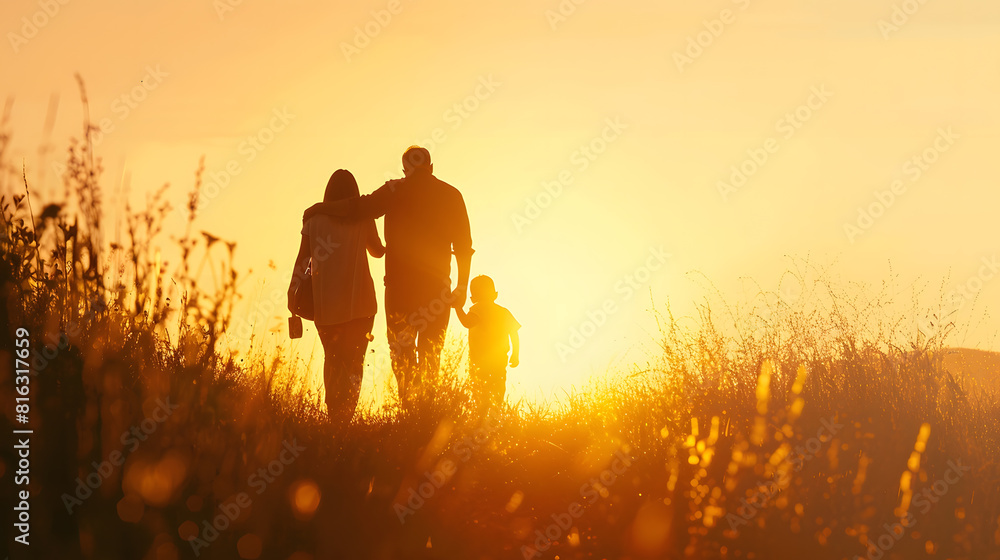 Silhouette of couple with daughter sitting in father arms walking in field in evening Silhouette of married couple walking in field with daughter in arms Father and mother with child w : Generative AI Silhouette of couple with daughter sitting in father arms walking in field in evening Silhouette of married couple walking in field with daughter in arms Father and mother with child w : Generative AI