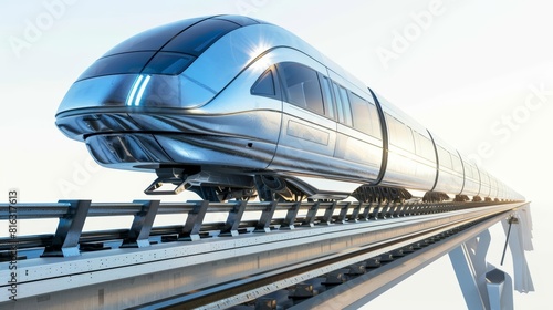 Visionary transport systems employ floating trains that hover inexplicably over tracks, revolutionizing urban travel, isolated on white photo