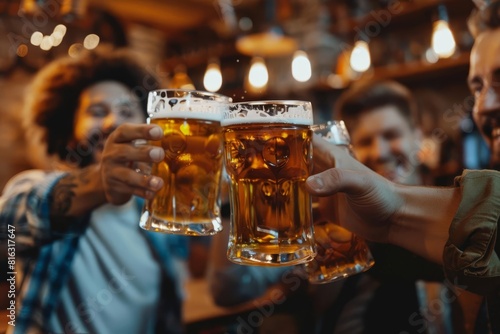 happy friends cheering with beer at pub lifestyle photography