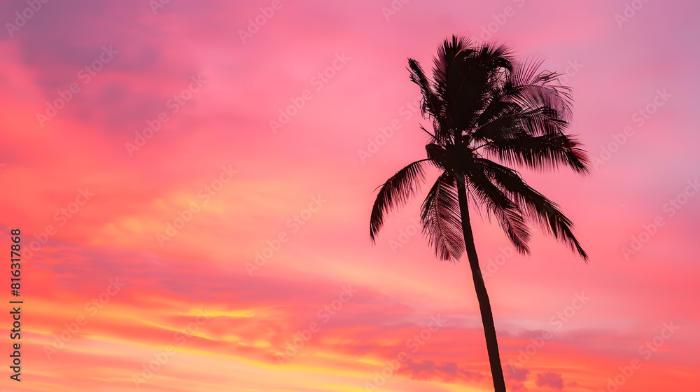 A solitary palm tree stands out in silhouette against a fiery sunset sky filled with hues of pink and orange in miami florida : Generative AI