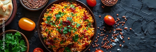 Fresh presentation of Persian Adas Polo Lentil Rice, food studio photography