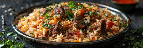 Persian Baghali Polo Ba Mahicheh Broad Bean Rice with Lamb Shank, fresh foods in minimal style