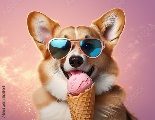 Cute corgi dog in sunglasses eats ice cream on pastel pink background with copy space banner for summer vacation, travel and advertising concept © Donald