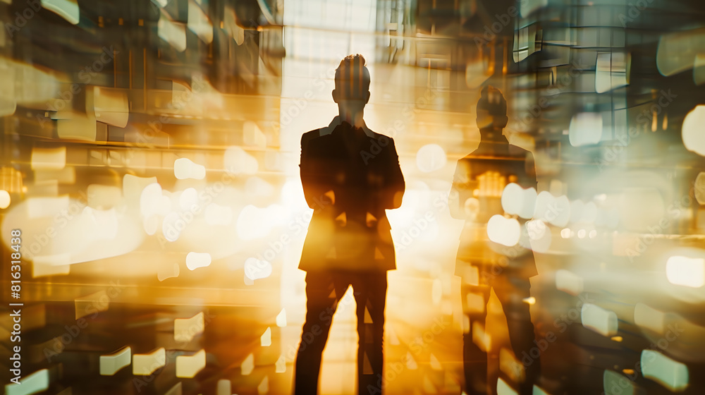 Silhouette of confident businessman standing with crossed arms in abstract city with double exposure of his blurry business team Concept of leadership Toned image : Generative AI Silhouette of confident businessman standing with crossed arms in abstract city with double exposure of his blurry business team Concept of leadership Toned image : Generative AI