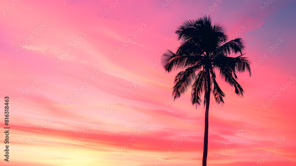 Obraz premium A solitary palm tree stands out in silhouette against a fiery sunset sky filled with hues of pink and orange in miami florida : Generative AI