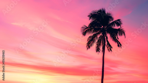 A solitary palm tree stands out in silhouette against a fiery sunset sky filled with hues of pink and orange in miami florida   Generative AI