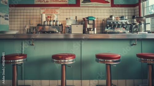 Retro Diner Counter With Coffee Maker And Stools