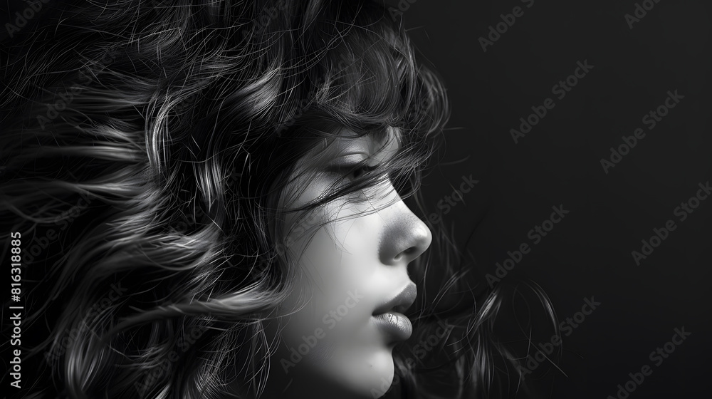 Portrait of a brunette girl with voluminous wavy hair Black and white image Side view : Generative AI Portrait of a brunette girl with voluminous wavy hair Black and white image Side view : Generative AI