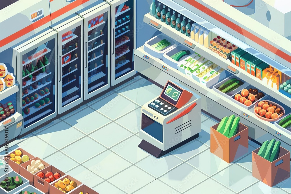 isometric supermarket interior with refrigerators shelves vegetables and weighing scales