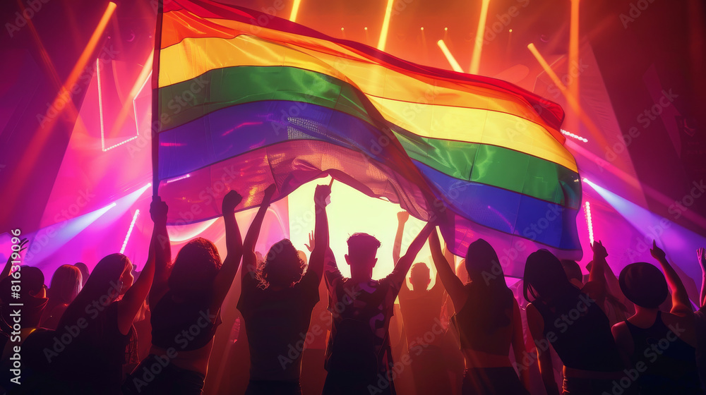 A group of friends holding up a large pride flag at a concert A group of friends holding up a large pride flag at a concert
