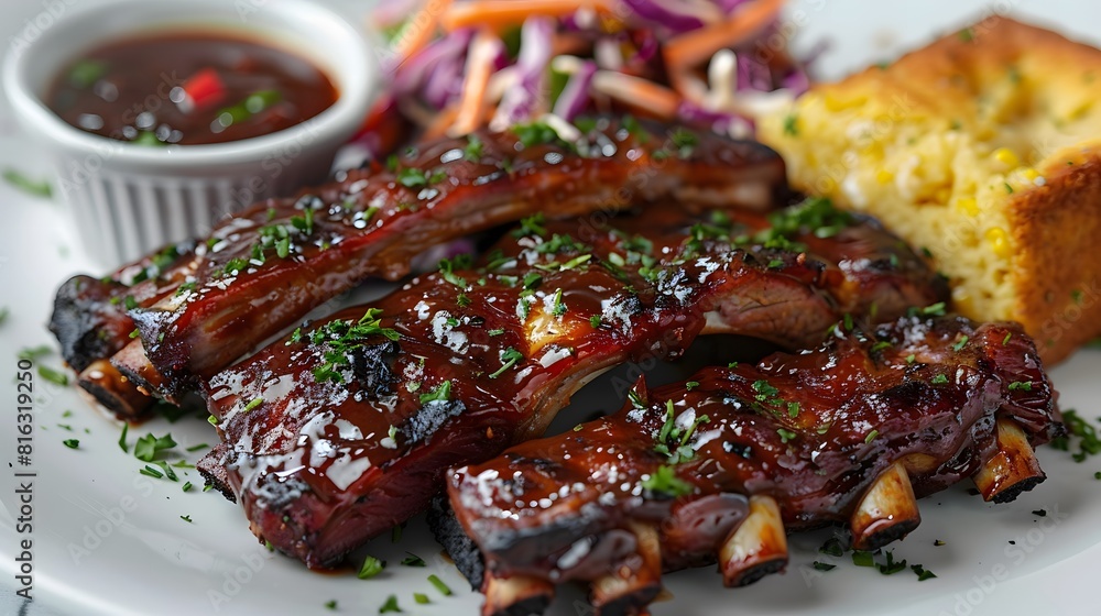 Plate of BBQ ribs with a side of coleslaw and cornbread on a white background Plate of BBQ ribs with a side of coleslaw and cornbread on a white background
