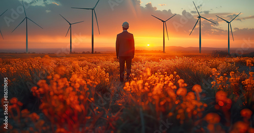 Engineer in a field of wildflowers with wind turbines at sunset. Generated by AI