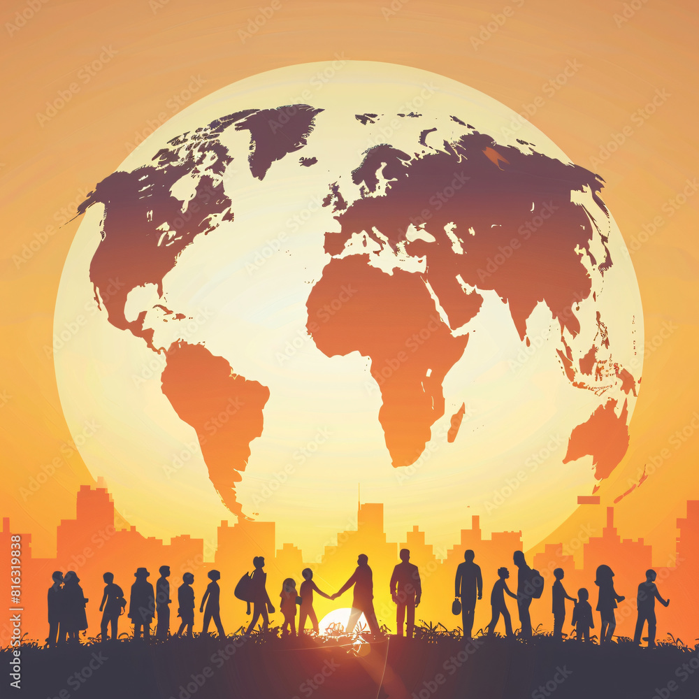 Fototapeta premium illustration of people standing facing the earth celebrating population day