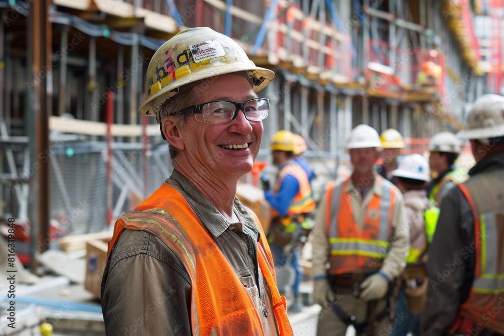 Obraz premium Construction Site Foreman in Safety Gear