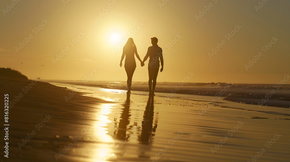 Silhouette of young couple holding hands and walking at beach : Generative AI Silhouette of young couple holding hands and walking at beach : Generative AI