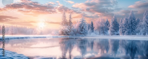 Serene Winter Scene  A Frozen River Amidst Snowy Trees Under a Sunset Sky