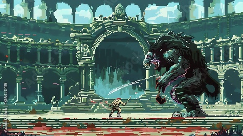 The image is a pixelated scene of a video game. A knight is fighting a large monster in a ruined city. photo